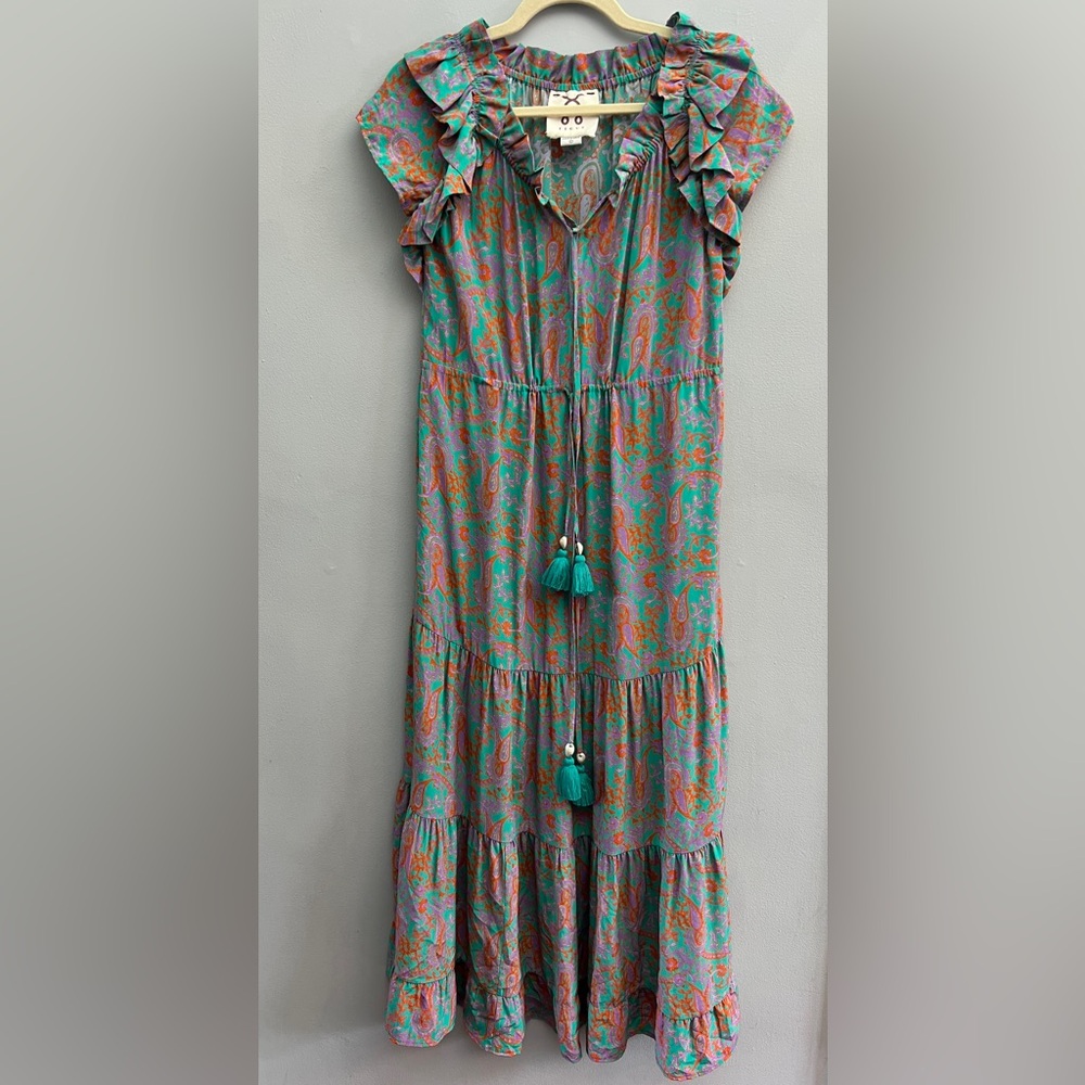 Figue Gianna Tassel Tiered Ruffle Silk Maxi Dress, Size Small